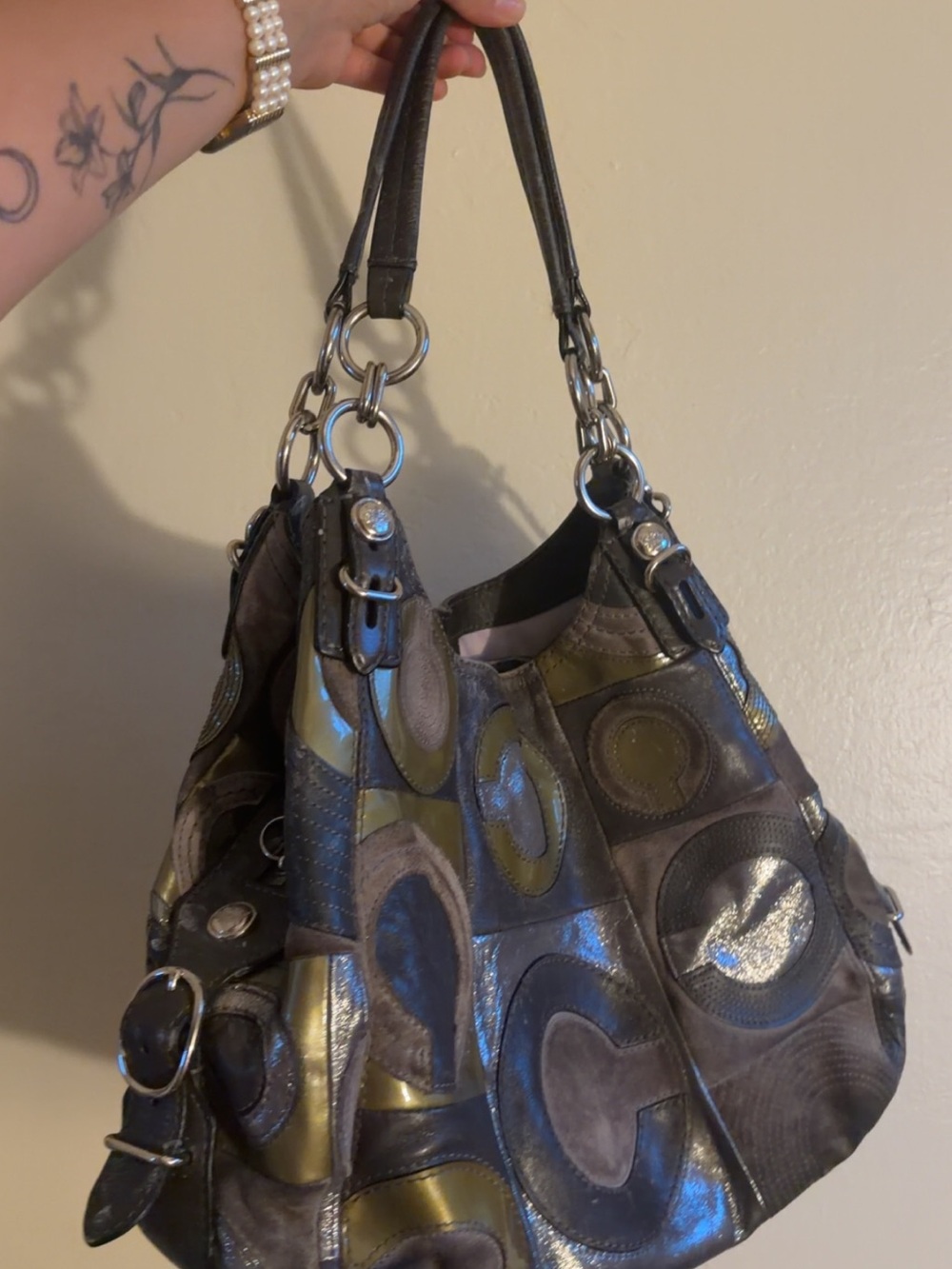 Coach Patchwork Circle Leather Hobo Madison Mia Bag Olive/Brown - Picture 2 of 5